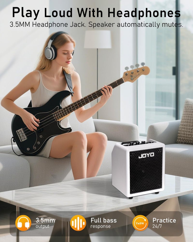 JOYO 30W Bass Combo Amplifier Portable Amp 4" Speaker with 3-Band EQ & Compressor | Bluetooth 5.1 + OTG Direct Recording | Headphone Practice for Bassist Solo Livestream Gigs (Vibe Cube BA-30, White) - Image 5